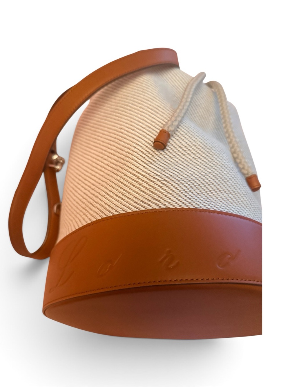 Loro Piana Cream Canvas Bucket Tote with Tan Leather Trim and Canvas Cover Bag - Picture 9 of 14
